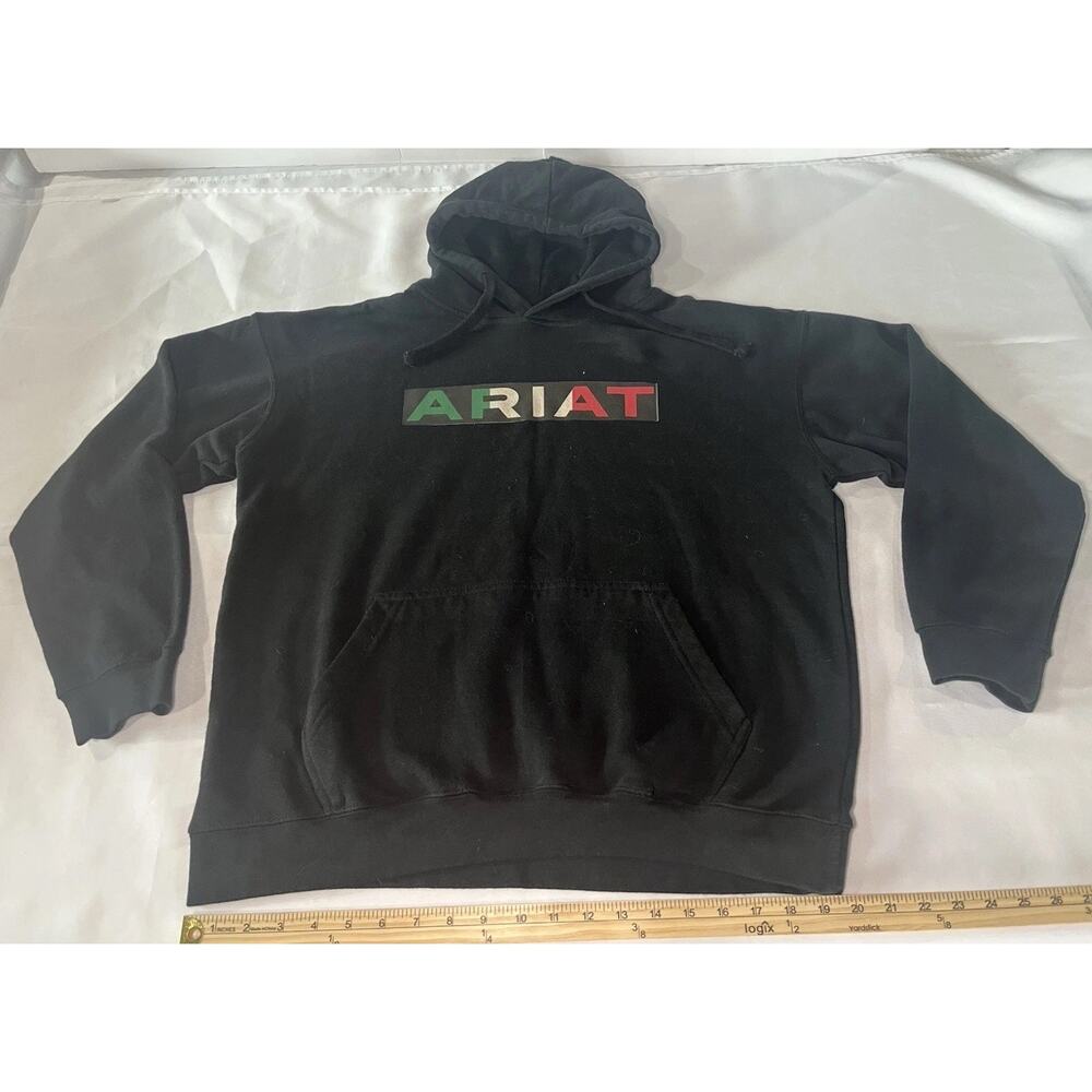 ARIAT Mens Sweatshirt Large Black Hoodie REAL Mexico Logo Graphic Drawstring